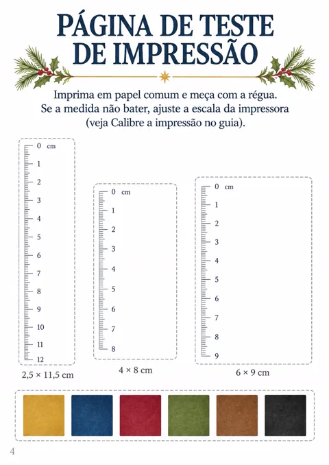 Página de teste de impressão do PDF: réguas nas 3 medidas de vela e amostras de cor, para imprimir em papel comum antes do papel seda