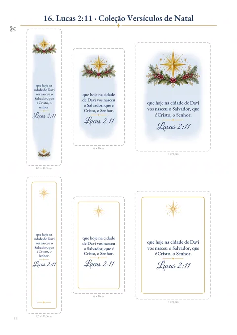 Folha 16 da Coleção Versículos de Natal: Lucas 2:11 em 2 artes e nas 3 medidas de vela, com a referência em letra cursiva e a Estrela de Belém