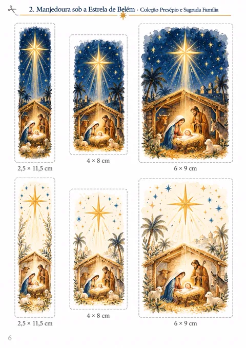 Folha 2 do PDF, Manjedoura sob a Estrela de Belém: a mesma estampa em 2 artes e nas 3 medidas de vela, com a medida escrita embaixo e a linha de corte tracejada longe da estrela